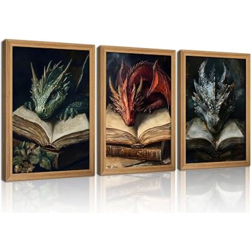 3Pcs Framed Fantasy Dragon Canvas Wall Art, Mythical Dragon on Ancient Book Poster, Gothic Wall Decor for Living Room Bedroom Office