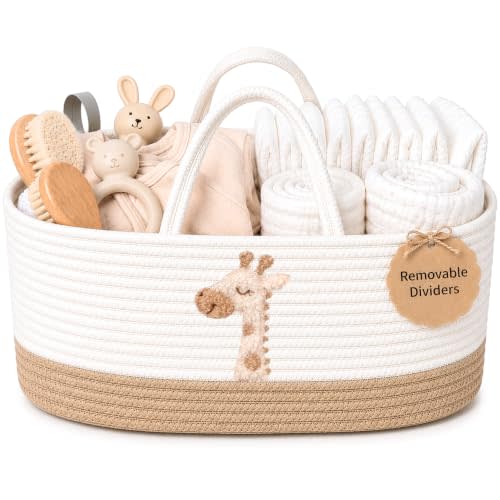 Baby Diaper Caddy Organizer - Giraffe Safari Nursery Storage Rope Basket | Spacious diaper caddy organizer with 3 compartments for 30+ diapers, wipes, creams, bottles and burp cloths