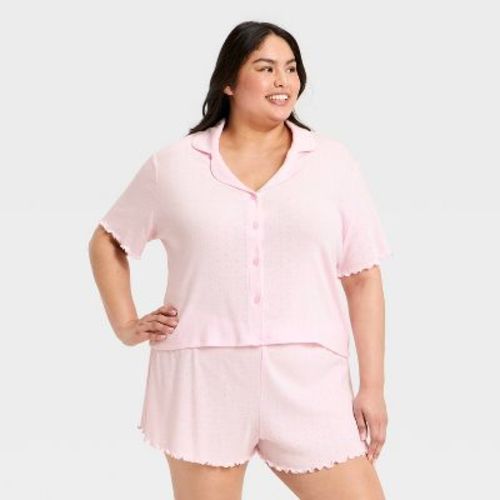 Women's Notch Collar Shirt and Shorts Pajama Set - Wild Fable™ Pink 1X