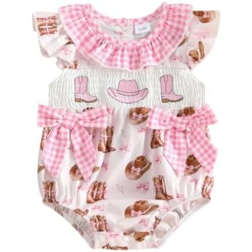 Western Baby Girl Clothes Cow Print Romper Smocked Bubble Ruffle Sleeve Bow Bodysuit Newborn Infant Cowgirl Outfit