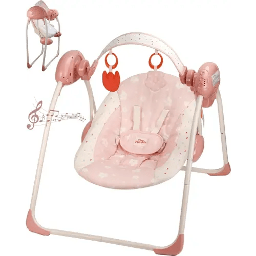 Baby Swings for Infants, Tiny Marvels Portable Swing with Adaptable Speed, Music, Removable-Toy-Bar, Foldable Infant Swing for Indoor and Outdoor Use, 0-9 Months 6-20 lbs(Blush Bloom)