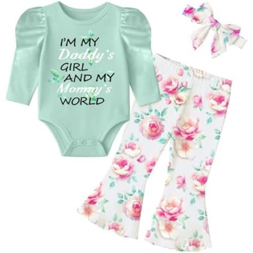 Baby Girl Romper Set and Bell Bottom Pant with Bow Headband Infant Fall Outfit 6-18M