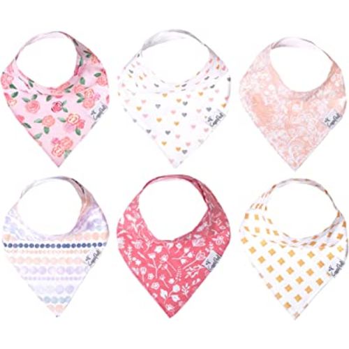 Copper Pearl 6 Pack Soft Cotton Baby Bibs for Drooling and Teething, Absorbent Drool Bibs for Baby Girl, Adjustable to Fit Newborns to Toddlers, Tons of Styles (Amelia Set)