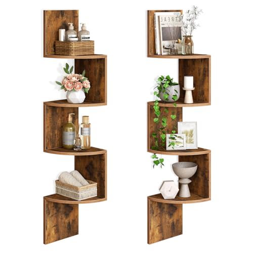 HOOBRO Corner Shelf Wall-Mounted, Set of 2 Floating Corner Shelves for Wall, 4-Tier Corner Bookshelves for Living Room, Bedroom, Bathroom, Home Office, Rustic Brown BF25BJP201