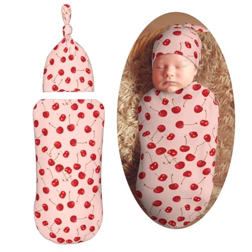 Muishi Red Cherrys Newborn Swaddle Blankets Hat Sets Soft Baby Receiving Blanket Swaddle Sack for Baby Shower Infant Boy Girl Gift