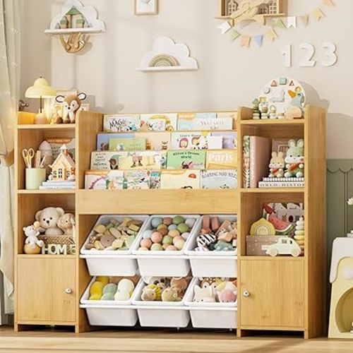 FINETONES Toy Storage Organizer with 6 Toy Bins, Toy Organizer Kids Bookshelf with 6 Cubbies, Toy Organizers and Storage Bins Playroom Storage for Kids Room, Natural