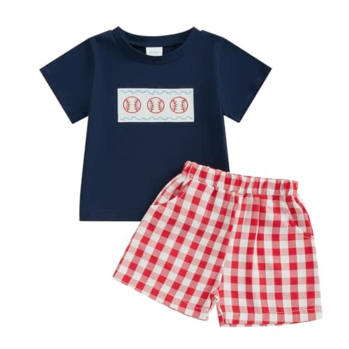Licupiee Toddler Baby Boys Baseball Outfits Embroidery Short Sleeve T Shirts and Plaid Shorts Set 2Pcs Summer Clothes Sets