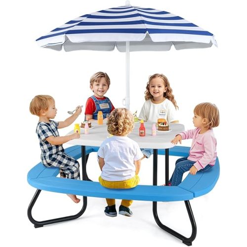 HONEY JOY Kids Picnic Table, 8 Person Toddler Outdoor Table and Chair Set, 4 Built-in Benches, Removable Umbrella, Metal Frame & HDPE Top, Children Outdoor Furniture for Backyard Patio Garden (Blue)