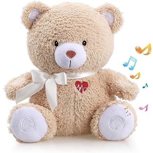 BEREST Baby Cry Activated Sleeping Aid Soother, White Noise Machine Infant Stuffed Animal Baby Gifts Bear Toy with Nursery Decor Night Light, Womb Heartbeat, 9 Soothing Sounds for Toddler Crib