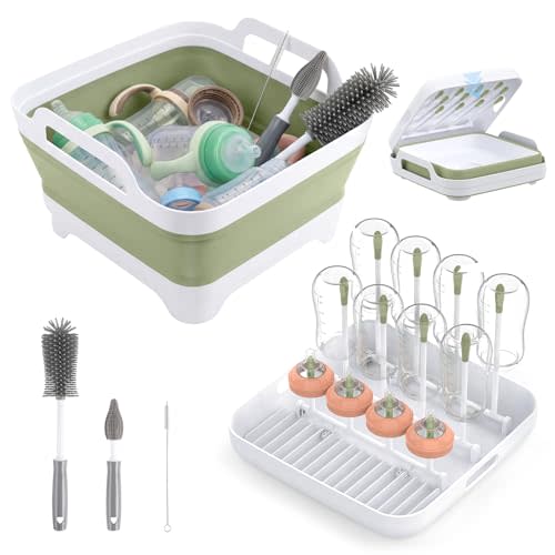 Collapsible Wash Basin for Baby Bottles with Drying Rack – 2.4 Gallon Foldable Dish Tub with Handles, Portable RV Camping Sink & Space-Saving Wash Bin with Lid for Kitchen, Travel & Outdoor, Green