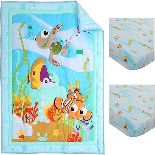 3 Pices Blue Ocean Theme Nursery Crib Bedding Set Embroidery Turtle Crown Fish Crib Bedding Set for Girls Boys 1 Quilt +2 Fitted Sheet