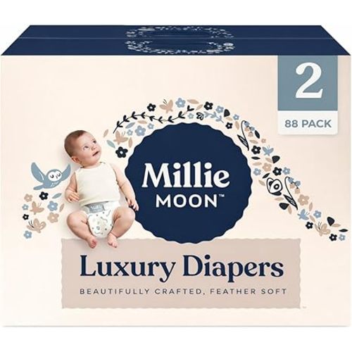 Millie Moon Luxury Disposable Baby Diapers Size 2 (88 Count), Ultra Soft CloudTouch Comfort, 12-Hour Absorbency, Wetness Indicator, Hypoallergenic Fit