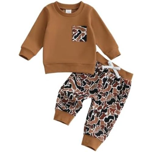 PUHHAPIEY Toddler Boy Fall Winter Clothes Baby Camo Hunting Outfits Retro Pullover Sweatshirts + Camouflage Pants Set