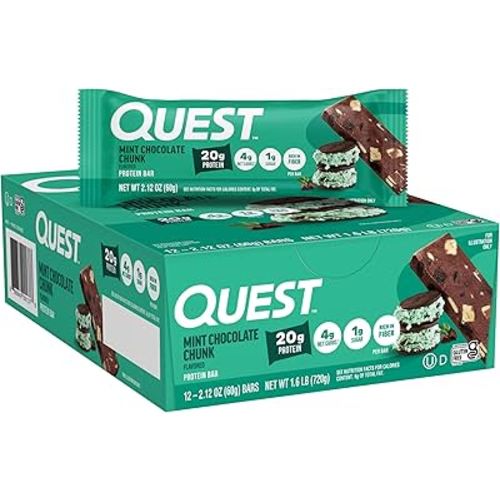 Quest Nutrition Mint Chocolate Chunk Protein Bars, 20g Protein, 1g Sugar, 4g Net Carb, High Fiber, Gluten Free, Keto Friendly, 12 Count