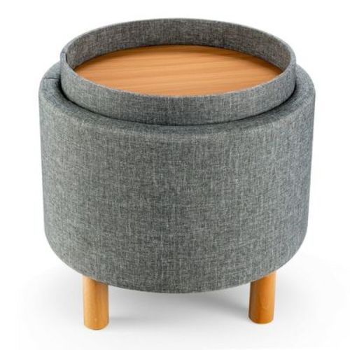 Costway Round Storage Ottoman w/Tray Top Accent Padded Footrest w/Wood Legs Grey/Beige