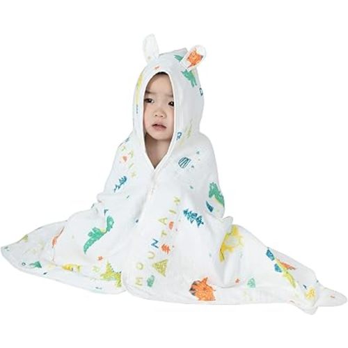 Hooded Towel Muslin Hooded Towel Made from Organic Cotton 6-Layer Cotton Bath Towel, Soft Bath Towels 25x51inches for Toddler Baby (Dinosaur Two)