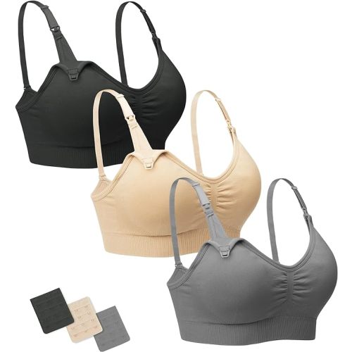 Stelle Nursing Bras Maternity Bra for Breastfeeding Pregnancy Wireless Bralette with Pads, Extenders (Black+Gray+Beige,M)