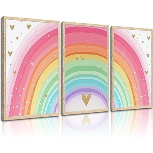 Girls Rainbow Wall Art Set of 3, Colorful Nursery Wall Decor Painting, Kids Heart Picture Poster Prints for Classroom Kids Room Baby Room Bedroom Dorm Home Decoration 12x16in Unframed