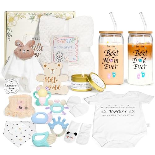 New Mom Gifts for Women, 17pcs Gender Reveal Gifts for New Parent, Baby Shower Gifts for Expecting Mom to Be, Postpartum Essentials After Baby Basket, Baby Swaddle Blanket Rattle Gift Set