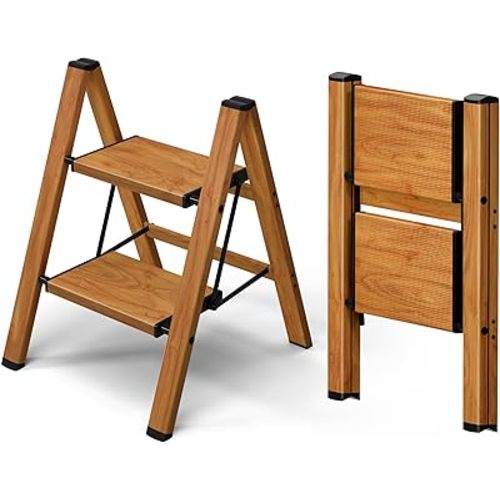 Taranta 2 Step Ladder,Aluminum Lightweight Folding 2 Step Stool with Anti-Slip Wide Pedal, 330lbs Capacity Step Ladder for Household,Kitchen,Office - Woodgrain