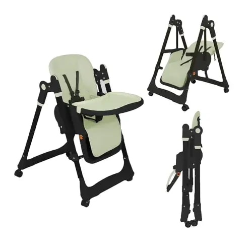 All-in-One Rocking High Chair | Reinforced Steel Frame for Ultimate Stability | Convertible with Lockable Wheels, Adjustable Backrest - Easy Clean (Black Green)
