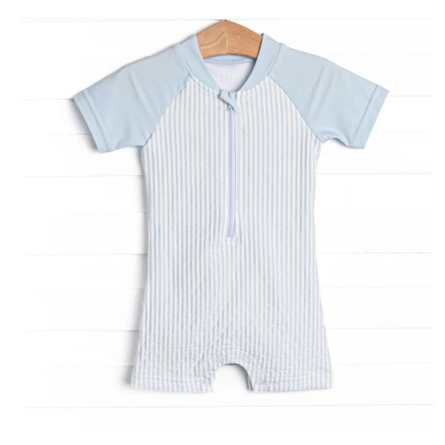 Sandy Shore Seersucker One Piece Rash Guard, Blue – Stitchy Fish