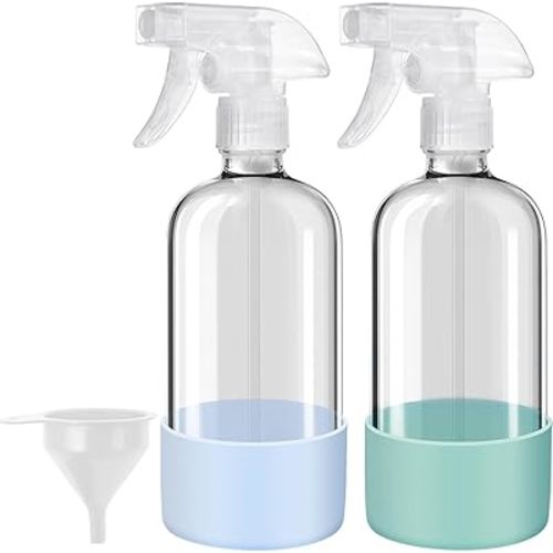 Glass Spray Bottles with Silicone Sleeves (2 Pack, 16 oz), Mist and Stream Empty Refillable Containers, Water Sprayer Misting Bottle for Cleaning Solutions, Planting, Hair Spraying, Green & Grey