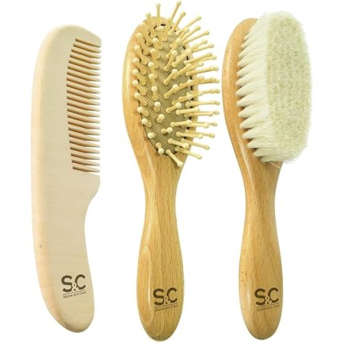 Baby Hair Brush and Baby Comb Set for Newborn, Boy and Girl - Wooden Baby Brush w/Soft Goat Bristles for Cradle Cap - Infant, Toddler Hair Brush, Baby Grooming kit, Soft Hair Brush by Stone & Clark
