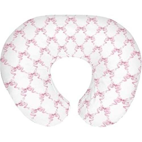 Pink Bows Ribbon Nursing Pillow Covers for Girl Pastel Baby Pink Ribbons Nursery Feeding Pillowcase for Breastfeeding Pillows Watercolor Bows Girly Soft Stretchy Removable Cover for Newborn Infant
