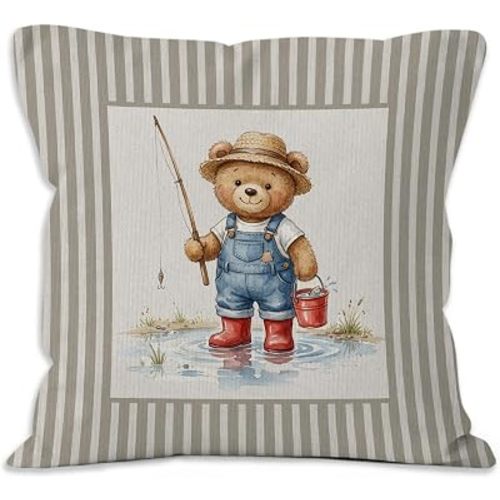 Vintage Fishing Bear Nursery Throw Pillow Covers, Rustic Farmhouse Fisherman Bear Striped Decorative Pillow Covers 18x18 for Toddler Boy Nursery Room Bedroom Home Decor, Fishing Gifts