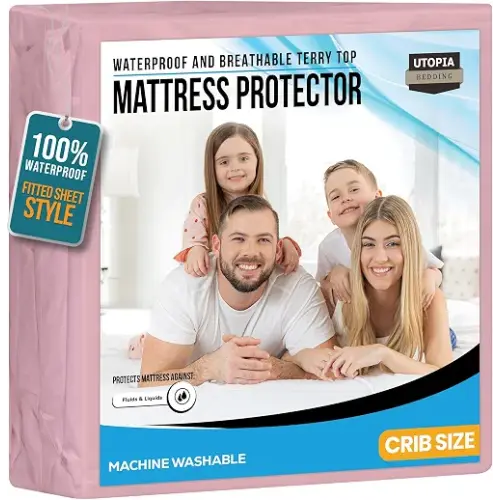 Utopia Bedding Waterproof Mattress Protector, Premium Terry Mattress Cover 200 GSM, Breathable, Fitted Style with Stretchable Pockets (Pink, Crib)