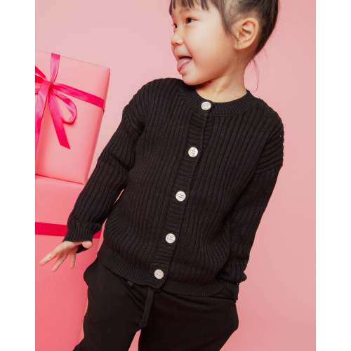 Black Ribbed Knit Button Sweater