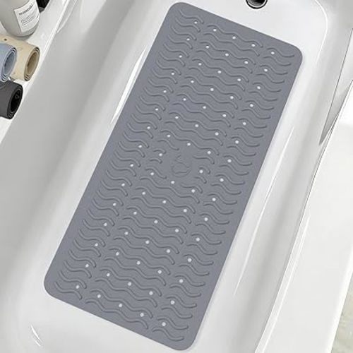 Non Slip Bathtub Mat & Shower Mat, 31x15'' Anti Slip Bath Mat for Tub, Soft TPE Anti-Skid Bathroom Mat with 194 Suction Cups & Drain Holes, Wave-Textured Grip, Machine Washable, Grey
