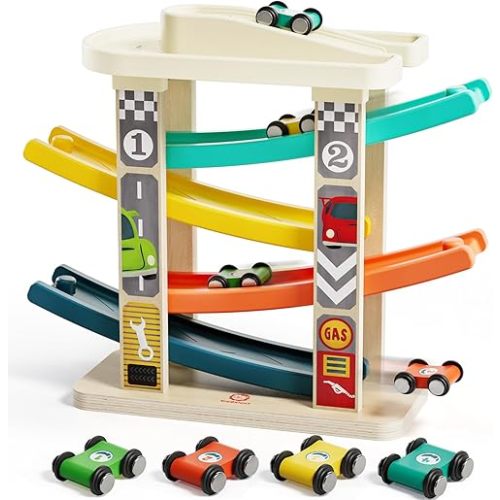 TOP Bright Toddler Wooden Race Track Car Ramp Toys for 1 2 Year Old Baby Motor Skills Race Tracks Car Ramp Vehicle Playsets with 4 Mini Cars and 1 Car Garage