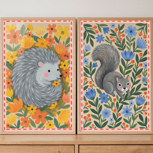 Cottagecore Botanical Forest Animal Wall Art Set Of 2 - Woodland Meadow Friends