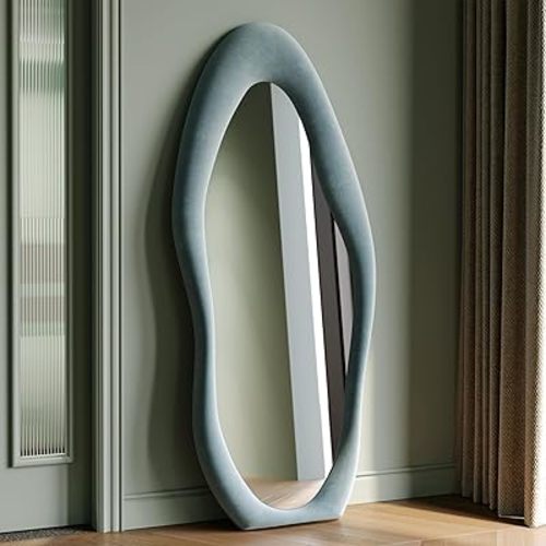 Honyee Full Length Mirror, 63" x 24" Wall Mirror, Flannel Wrapped Wooden Frame Full Body Mirror, Irregular Wavy Mirror Hanging or Leaning Against Wall for Cloakroom/Bedroom/Living Room, Blue