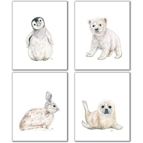 Arctic Animal Nursery Prints Unframed Set of 4, Pick Your Baby Animals, Size and Orientation, Original Watercolor Art Signed By Artist