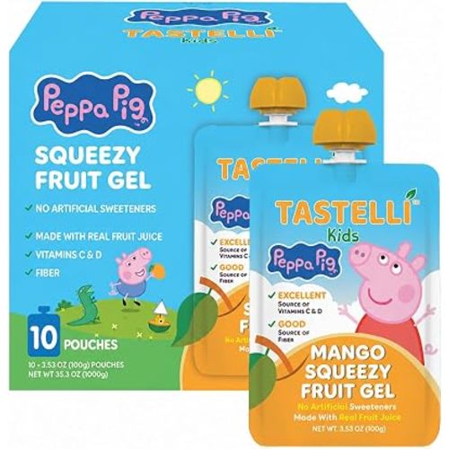 Tastelli Peppa Pig Kids Squeezy Fruit Gel – Mango Flavor – No Artificial Sweeteners or Flavors, Made with Real Fruit Juice, Fiber-Rich Prebiotic Gut Support, Vitamins C & D, Vegan, Gluten-Free - 10 Count