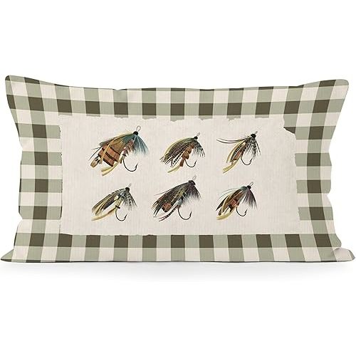 Fishing Hook Gingham Throw Pillow Covers 12x20, Boy Nursery Decor Decorative Lumbar Pillow Cover Cases, Forest Green Gingham Decor Cushion Cover Pillowcases for Bedroom, Lake House Gifts