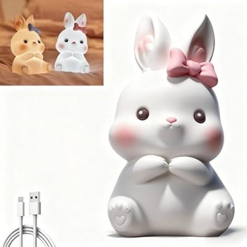Silicone Bunny Night Light with USB Rechargeable Battery, Touch Control, 3-Level Dimmable LED & Timer, Soft Night Lamp for Nursery, Baby Bedroom, Kids Room, Easter Gifts (White)