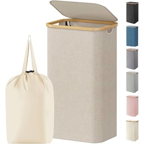 Lifewit 105L Large Laundry Basket with Lid, Removable Bags, Beige | Foldable Laundry Hamper with Bamboo Handles, Tall Laundry Bin, Dirty Clothes Hamper for Laundry Room, Bedroom, Bathroom, Dorm