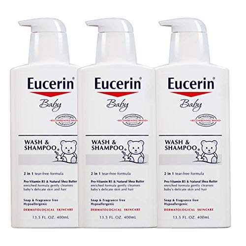 Eucerin Baby Wash & Shampoo, 2 in 1 Tear Free Formula, Hypoallergenic & No Fragrance, Nourish and Soothe Sensitive Skin, Unscented, White, 13.5 Ounce (Pack of 3)