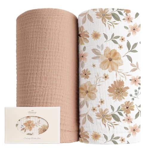 Konssy Muslin Swaddle Blankets, 100% Cotton Receiving Blankets, 47"x 47" | 2 Pack, Soft & Lightweight, Perfect for Receiving & Swaddling, Newborn to Toddler, Boys & Girls (Flourish,Toffee)