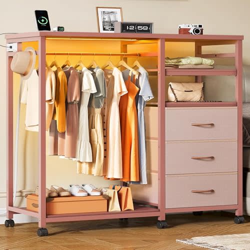 WLIVE Pink Dresser with Hanging Rack for Bedroom, 3 Drawer Dresser with LED Lights & Charging Station, Fabric Dressers & Chest of Drawers, Storage Organizer with Open Shelves for Living Room
