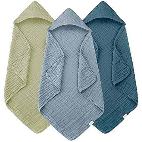 Muslin Hooded Baby Bath Towels - 3 Pack 100% Cotton Ultra-Soft Towels for Newborns, Infants, Toddlers - 32x32 Inch - Highly Absorbent, Quick-Dry Essentials for Bath, Beach, Pool, Green Blue Series