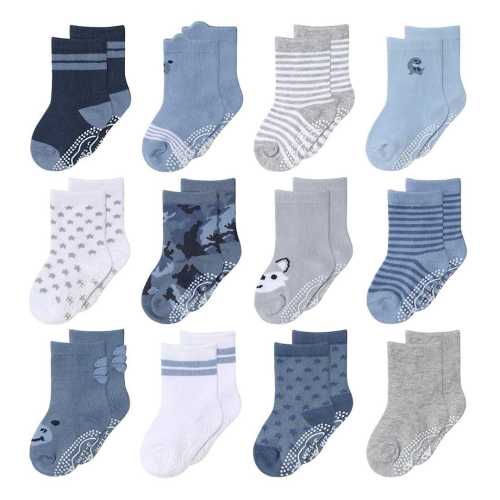 12-24mos Blue, Gray Organic Baby Boy Socks, 12-Pack