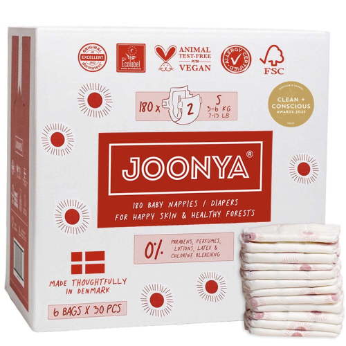 Joonya Baby Diapers - NonToxic, Eco-Friendly, Ultra Slim, Overnight Use - Bulk Disposable Eco Diapers - Made in Denmark - Size 2 S (7-13 lb) - 6 Bags of 30 (180)