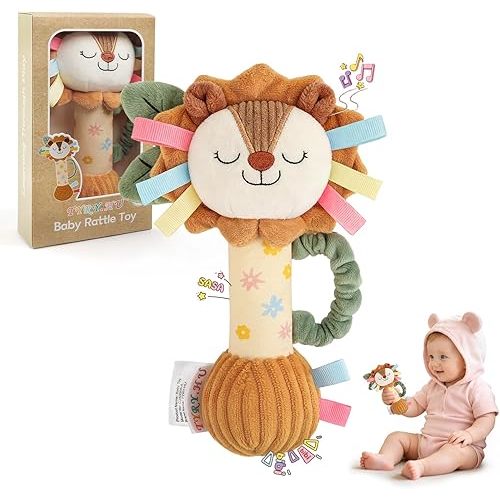 TYRY.HU Baby Rattles Toy, Plush Lion Rattle, Stuffed Animal Hand Rattles,Infant Grab Shake Rattle, Crinkle & Squeaker,Soft Sensory Toy with Sound for Babies 0-6 6-12 Months, Lion