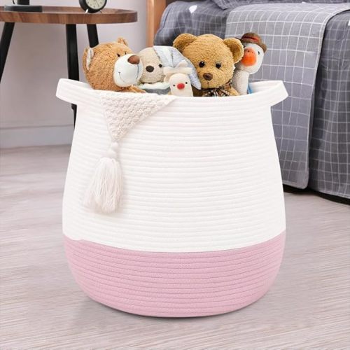 Large Cotton Rope Basket, Woven Storage Basket for Toy, Laundry and Blanket Organizer, Round Hamper Basket with Handles for Kid's Room 17.7"x16.9"
