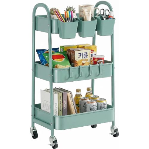 3-Tier Rolling Cart, Utility Cart Mobile Metal Rolling Storage Cart with Lockable Wheels & Hanging Cups & Hooks for Kitchen, Bathroom, Office, Workshop, Green